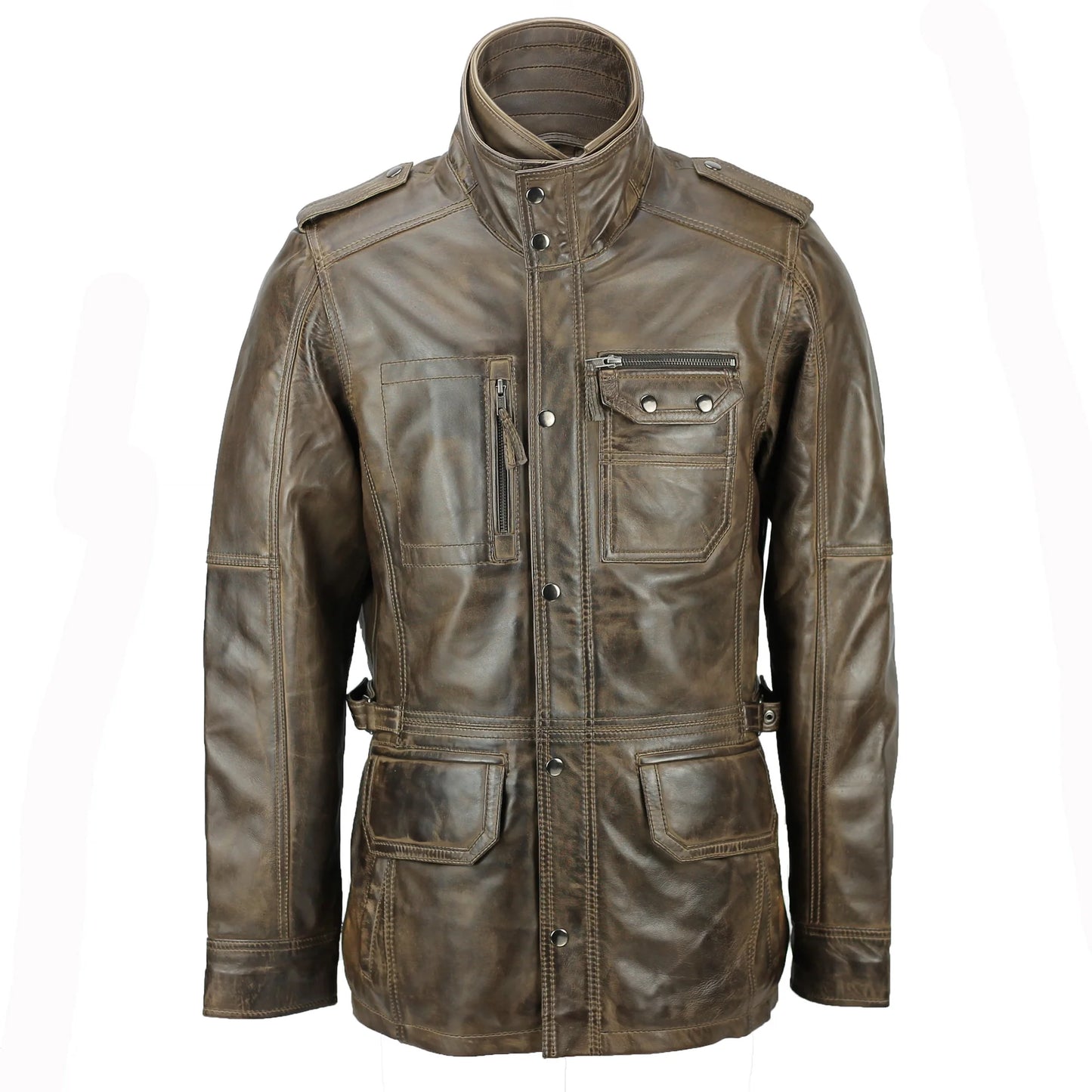 UrbanEdge | Military Style Brown Leather Jacket - Classic Design