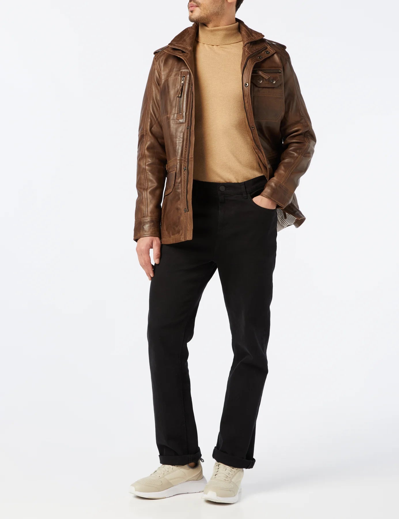 UrbanEdge | Military Style Brown Leather Jacket - Classic Design